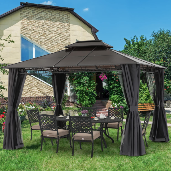 Double Roof Hardtop Patio Gazebo Canopy Frame with Netting