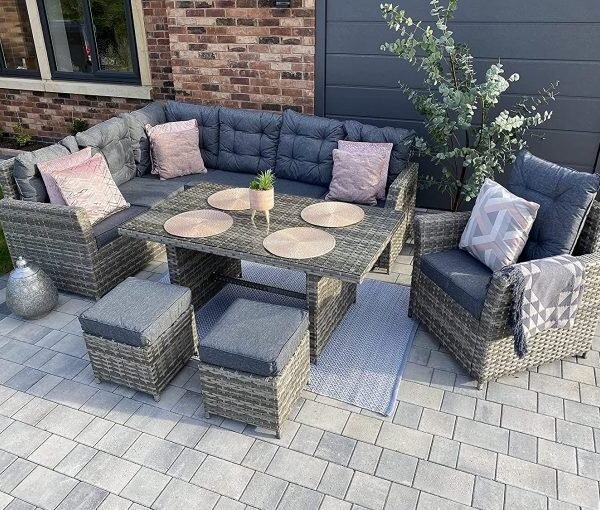 Sorrento Grey Rattan Garden Dining Set 8 Seat - Right Side Facing