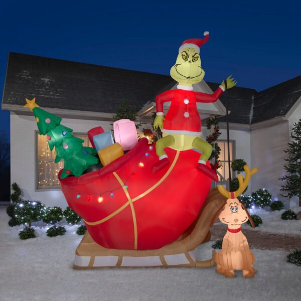 Airblown Grinch and Max in Sleigh Colossal Scene Inflatable