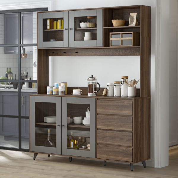 Freestanding Kitchen Pantry Storage Cabinet with Glass Doors