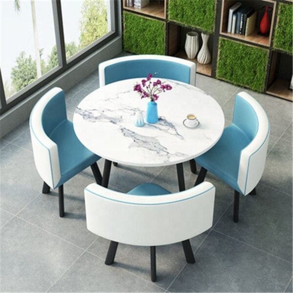 Small Round Wooden Dining Table Set with 4 Upholstered Chairs