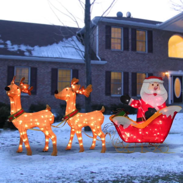 Santa with 2 Deer Sleigh Christmas Decoration Lighted Display