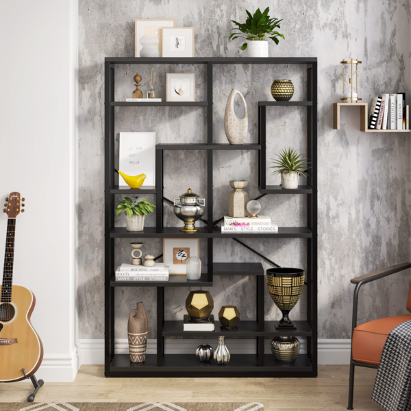 Black Bookshelf 47” Bookcase 9 Tier Tall Book Shelf Rustic
