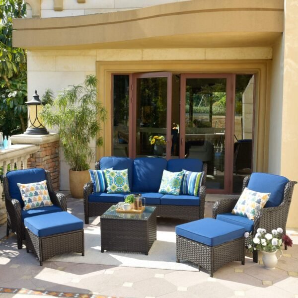 Patio Furniture Conversation Wicker 6 Pcs High Back Sofa w