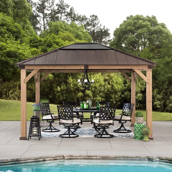 Outdoor Patio 11x13 ft. Cedar Framed Wood Gazebo with Brown Steel