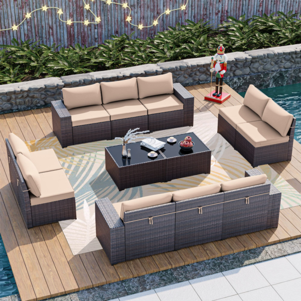 12 Pcs Patio Furniture Set Sectional Sofa Sets Brown PE