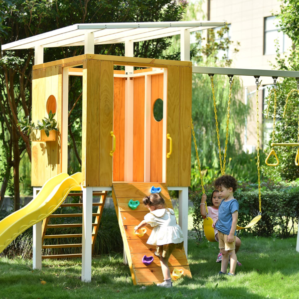 Modern Backyard Swing Set Children's Rock Climbing Wood