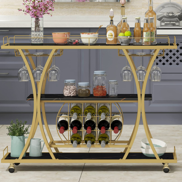Bar Serving Cart with Glass Holder and Wine Rack