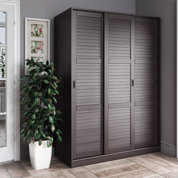 100% Solid Wood Wardrobe with 3 Sliding Louvered Doors