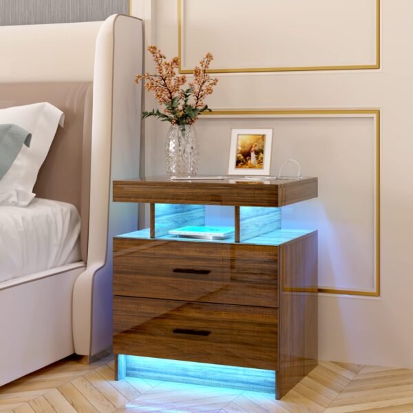 LED White Nightstand with 3 Colors Adjustable 2 USB Ports and