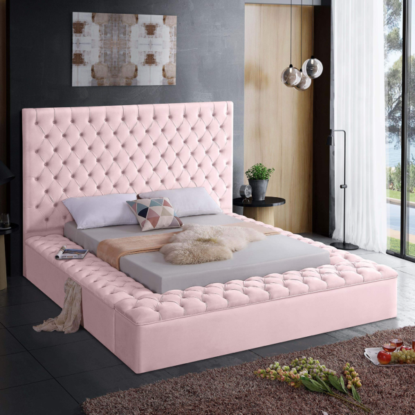 Velvet Upholstered Bed with Deep Button Tufting & Storage