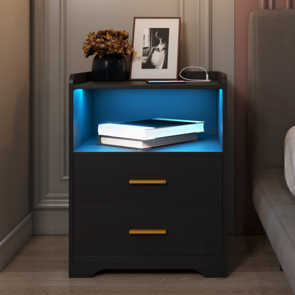 Black Nightstand with Charging Station
